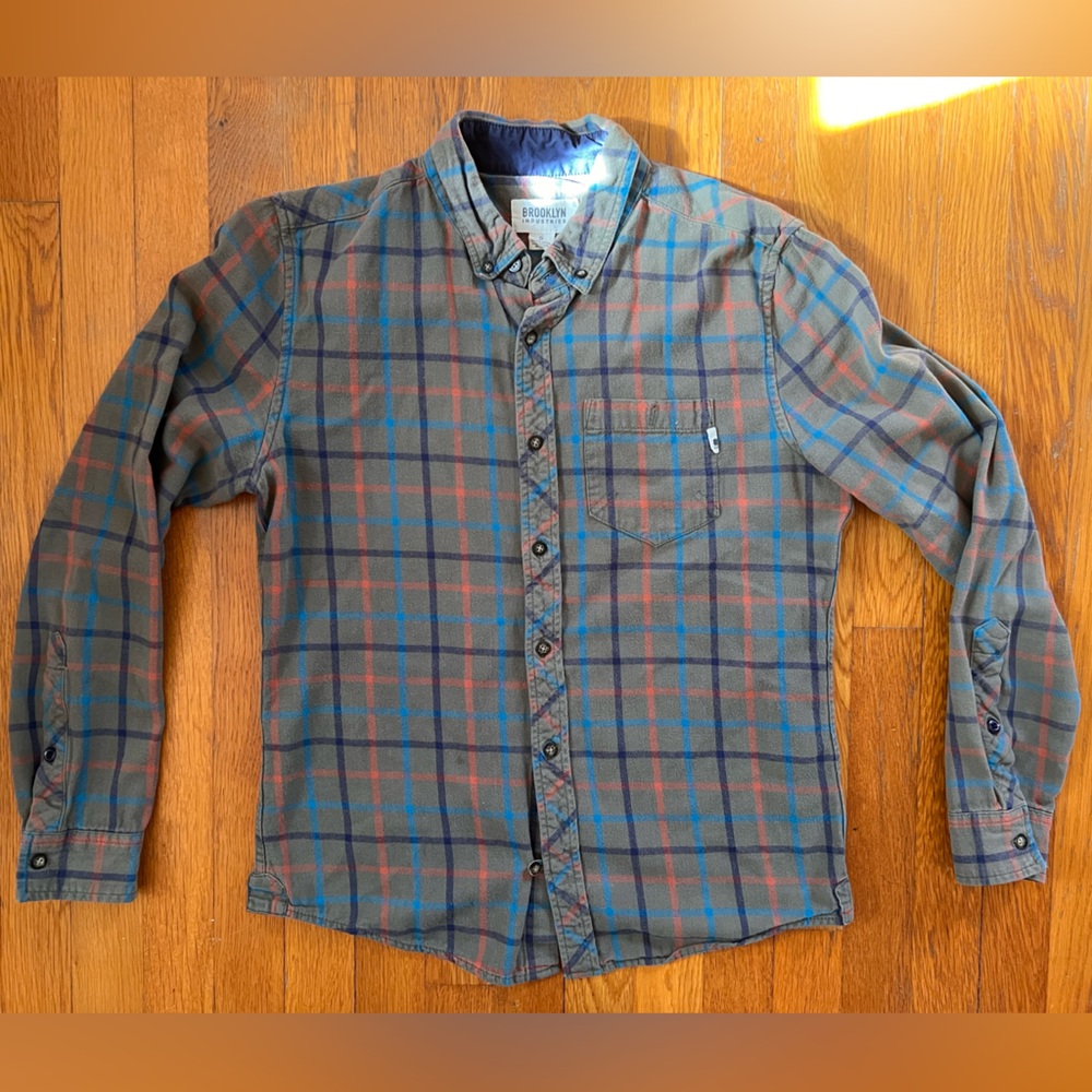 Brooklyn Industries Men's Flannel Plaid Button-Down Shirt - Olive/Blue/Orange